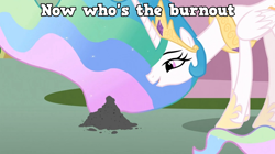 Size: 960x539 | Tagged: safe, edit, edited screencap, screencap, philomena, princess celestia, alicorn, pony, a bird in the hoof, ash, caption, female, mare, tyrant celestia