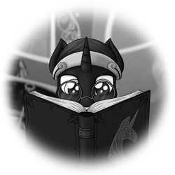 Size: 1417x1417 | Tagged: safe, artist:skorpionletun, oc, oc only, oc:nyx, alicorn, pony, fanfic:past sins, book, chapter image, glasses, grayscale, monochrome, reading, simple background, solo, transparent background