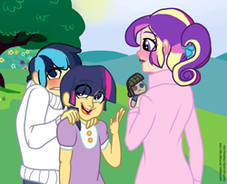 Size: 900x729 | Tagged: safe, artist:daeternal, princess cadance, shining armor, smarty pants, twilight sparkle, human, female, hiding, humanized, male, shiningcadance, shipping, straight, tree