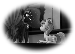 Size: 3310x2387 | Tagged: safe, artist:skorpionletun, dinky hooves, nightmare moon, twilight sparkle, oc, oc:nyx, alicorn, pony, fanfic:past sins, black and white, chapter image, clothes, cosplay, costume, fanfic, fanfic art, grayscale, monochrome, nightmare nyx, school play, simple background, transparent background, unshorn fetlocks
