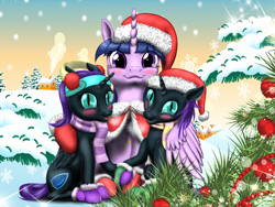 Size: 2000x1500 | Tagged: safe, artist:vasillium, twilight sparkle, twilight sparkle (alicorn), oc, oc:nox (rule 63), oc:nyx, alicorn, pony, :3, alicorn oc, blushing, christmas, christmas cape, christmas decoration, christmas stocking, christmas tree, clothes, cutie mark, ear warmers, hat, house, rule 63, santa hat, scarf, self ponidox, side hug, smoke, snow, tree, twins, winter