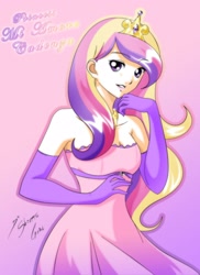 Size: 2362x3250 | Tagged: safe, artist:shinta-girl, princess cadance, human, bare shoulders, clothes, dress, evening gloves, female, gloves, gradient background, high res, humanized, long gloves, solo