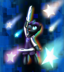 Size: 1791x2000 | Tagged: safe, artist:panzerhi, oc, oc only, oc:nyx, alicorn, pony, asriel dreemurr, heart locket, solo, stars, sword, undertale, weapon