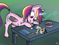 Size: 1938x1472 | Tagged: safe, artist:mostlyponyart, princess cadance, smarty pants, alicorn, pony, button, dock, needle, sewing, teenager, thread, tongue out