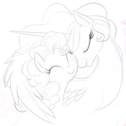 Size: 693x696 | Tagged: safe, artist:mn27, pinkie pie, princess celestia, alicorn, earth pony, pony, c:, cute, eyes closed, female, happy, hug, lesbian, lineart, momlestia, monochrome, nuzzling, pinkielestia, shipping, smiling, winghug