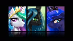 Size: 1600x900 | Tagged: safe, artist:kp-shadowsquirrel, artist:reddhero12, princess celestia, princess luna, queen chrysalis, alicorn, changeling, changeling queen, pony, portrait, wallpaper