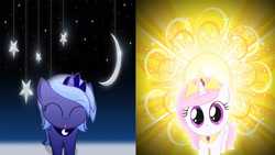 Size: 1920x1080 | Tagged: safe, artist:mr-kennedy92, princess celestia, princess luna, alicorn, pony, cewestia, cute, cutelestia, diabetes, eyes closed, filly, looking at you, moon, open mouth, smiling, stars, sun, thread, vector, wallpaper, woona