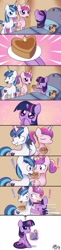 Size: 765x3125 | Tagged: safe, artist:solar-slash, princess cadance, shining armor, smarty pants, twilight sparkle, alicorn, pony, unicorn, bed, blushing, book, cake, cute, cutedance, exclamation point, eyes closed, female, filly, frown, grin, happy, hug, magic, nervous, now kiss, open mouth, puppy dog eyes, reading, shining adorable, sitting, smiling, sweat, sweet obsession, teen princess cadance, teenager, telekinesis, thought bubble, twiabetes, wide eyes