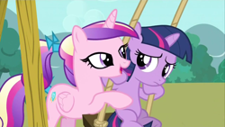 Size: 1280x720 | Tagged: safe, screencap, princess cadance, twilight sparkle, alicorn, pony, unicorn, a canterlot wedding, duo, duo female, female, filly, out of context, princess, swing, teen princess cadance, teenager, younger