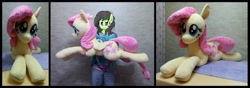 Size: 4000x1404 | Tagged: safe, artist:shindeeru, fluttershy, oc, oc:anon filly, human, pony, female, filly, irl, photo, plushie