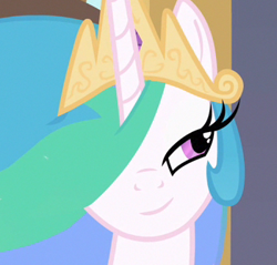 Size: 350x335 | Tagged: safe, screencap, princess celestia, alicorn, pony, sweet and elite, cropped, cutrlestia, hair over one eye, solo