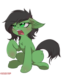 Size: 1428x1731 | Tagged: safe, artist:orang111, oc, oc only, oc:anon filly, pony, angry, cheek fluff, chest fluff, ear fluff, female, filly, floppy ears, simple background, sitting, solo, transparent background, watermark