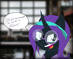 Size: 4437x3571 | Tagged: safe, artist:iflysna94, oc, oc only, oc:nyx, alicorn, pony, absurd resolution, alicorn oc, clothes, dialogue, female, glasses, open mouth, reincarnation, signature, solo, speech bubble, vulgar