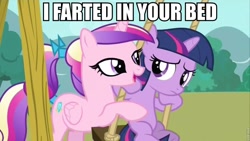 Size: 960x540 | Tagged: safe, edit, edited screencap, screencap, princess cadance, twilight sparkle, alicorn, pony, unicorn, a canterlot wedding, caption, duo, duo female, female, filly, filly twilight sparkle, image macro, implied farting, mare, meme, swing, teen princess cadance, younger