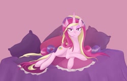 Size: 1501x959 | Tagged: safe, artist:v-invidia, princess cadance, alicorn, pony, bed, bedroom eyes, female, honeymoon, looking at you, mare, messy hair, messy mane, missing accessory, prone, smiling, solo