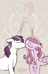 Size: 589x906 | Tagged: safe, artist:awesomecoolwhip, princess cadance, shining armor, alicorn, pony, unicorn, abstract background, cute, eyes closed, female, floppy ears, heart, kissing, magic, male, mare, shiningcadance, shipping, stallion, straight