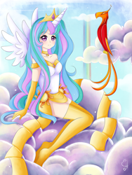 Size: 1500x2000 | Tagged: safe, artist:excelhensggott, philomena, princess celestia, human, cloud, cloudy, horned humanization, humanized, light skin, solo, tailed humanization, winged humanization