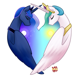 Size: 1300x1300 | Tagged: safe, artist:norang94, princess celestia, princess luna, alicorn, pony, duality, eyes closed, moon, sun