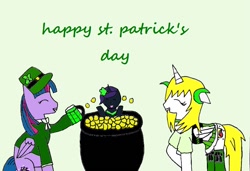 Size: 899x614 | Tagged: safe, artist:ask-luciavampire, twilight sparkle, twilight sparkle (alicorn), oc, oc:nyx, alicorn, pony, vampire, vampony, alcohol, alicorn oc, beer, bits, happy st. patrick's day, hoof hold, saint patrick's day, tumblr, tumblr:ask-luciavampire