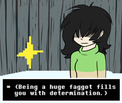 Size: 1280x1085 | Tagged: safe, artist:duop-qoub, oc, oc only, oc:anon filly, human, :, barely pony related, chara, determination, dialogue box, faggot, female, filly, humanized, humanized oc, slur, solo, undertale, vulgar