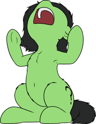 Size: 1501x1947 | Tagged: safe, artist:smoldix, oc, oc only, oc:anon filly, earth pony, pony, armpits, belly button, chest fluff, female, filly, open mouth, screaming, simple background, solo, transparent background, underhoof