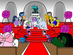 Size: 800x600 | Tagged: safe, artist:dekomaru, applejack, night light, spike, trixie, twilight sparkle, twilight velvet, oc, oc:diamond cluster, oc:gerbera cluster, oc:honey cluster, oc:midnight, oc:nyx, alicorn, dragon, earth pony, pegasus, pony, ask, bouquet, bridesmaid, clothes, dress, female, kissing, lesbian, magic, magical lesbian spawn, male, mare, marriage, offspring, parent:trixie, parent:twilight sparkle, parents:twixie, shipping, stallion, tumblr, tumblr:ask twixie, twixie, wedding