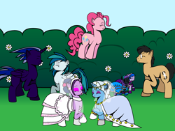 Size: 800x600 | Tagged: safe, artist:dekomaru, trixie, twilight sparkle, oc, oc:midnight, oc:nyx, alicorn, pony, clothes, dancing, dress, female, filly, lesbian, magical lesbian spawn, male, mare, offspring, parent:trixie, parent:twilight sparkle, parents:twixie, pronking, shipping, stallion, tumblr:ask twixie, twixie, wedding dress