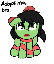 Size: 1190x1407 | Tagged: safe, artist:neuro, oc, oc only, oc:anon filly, earth pony, pony, adoption, bow, cute, dawwww, dialogue, ed edd n eddy, ed edd n eddy's jingle jingle jangle, female, filly, hnnng, implied human, looking at you, looking up, ribbon, simple background, sitting, solo, text, transparent background