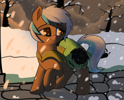 Size: 1708x1378 | Tagged: safe, artist:neuro, oc, oc only, oc:anon filly, oc:frosty hooves, pony, duo, female, filly, guard, snow, snowfall