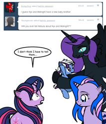 Size: 510x600 | Tagged: safe, artist:dekomaru, twilight sparkle, oc, oc:midnight, oc:nebula, oc:nyx, alicorn, pony, unicorn, ask, baby, baby pony, colt, female, holding a pony, lesbian, magical lesbian spawn, male, mare, offspring, older, parent:trixie, parent:twilight sparkle, parents:twixie, shipping, simple background, tumblr, tumblr:ask twixie, white background