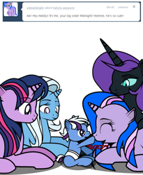 Size: 492x600 | Tagged: safe, artist:dekomaru, trixie, twilight sparkle, oc, oc:midnight, oc:nebula, oc:nyx, alicorn, pony, unicorn, ask, baby, baby pony, boop, colt, female, lesbian, magical lesbian spawn, male, mare, offspring, older, parent:trixie, parent:twilight sparkle, parents:twixie, prone, shipping, simple background, tumblr, tumblr:ask twixie, twixie, white background