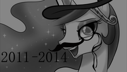 Size: 1920x1080 | Tagged: safe, edit, princess celestia, alicorn, pony, drama, facial hair, monochrome, monocle, moustache, princess molestia, solo, wallpaper