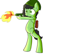 Size: 4600x3450 | Tagged: safe, artist:dumbwoofer, oc, oc:anon filly, earth pony, pony, burn, female, filly, fire, flamethrower, foal, hat, pyro, standing, weapon