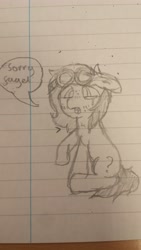 Size: 2322x4128 | Tagged: safe, artist:scotch, oc, oc only, oc:anon filly, earth pony, pony, crying, female, filly, goggles, lineart, lined paper, sad, solo, speech, traditional art