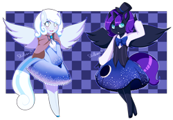 Size: 1214x846 | Tagged: safe, artist:pockygirl09, oc, oc only, oc:nyx, oc:snowdrop, alicorn, anthro, bowtie, clothes, dress, hat