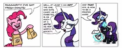 Size: 977x392 | Tagged: safe, artist:gingerfoxy, pinkie pie, rarity, oc, oc:nyx, alicorn, pony, unicorn, pony comic generator, comic, donut, fat shaming, food