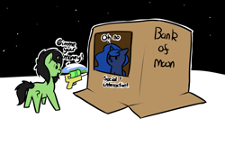 Size: 2254x1457 | Tagged: safe, artist:cutelewds, princess luna, oc, oc:anon filly, alicorn, earth pony, pony, unicorn, bank, bank robbery, cardboard box, female, filly, introvert, moon, text, water pistol