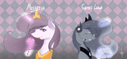 Size: 1200x559 | Tagged: safe, artist:dream-phoenix, princess celestia, princess luna, alicorn, pony, gamer luna, princess molestia