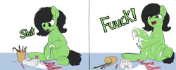 Size: 2200x881 | Tagged: safe, artist:smoldix, oc, oc only, oc:anon filly, earth pony, pony, arts and crafts, clumsy, comic strip, earth pony problems, female, filly, frog (hoof), glitter, glue, horse problems, messy, open mouth, paintbrush, pencil, simple background, solo, transparent background, underhoof, vulgar