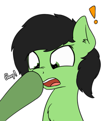 Size: 647x754 | Tagged: safe, artist:czaroslaw, oc, oc only, oc:anon filly, pony, boop, chest fluff, exclamation point, female, filly, non-consensual booping, offscreen character, simple background, transparent background