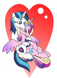 Size: 1132x1532 | Tagged: safe, artist:dragonblood6400, princess cadance, shining armor, alicorn, pony, unicorn, :t, bedroom eyes, belly button, cuddling, female, hilarious in hindsight, hug, male, pregnant, shiningcadance, shipping, smiling, snuggling, spread wings, straight