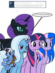 Size: 600x800 | Tagged: safe, artist:dekomaru, trixie, twilight sparkle, oc, oc:midnight, oc:nyx, alicorn, pony, ask, female, lesbian, magical lesbian spawn, offspring, parent:trixie, parent:twilight sparkle, parents:twixie, shipping, tumblr, tumblr:ask twixie, twixie