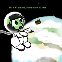 Size: 2000x2000 | Tagged: safe, artist:redcrow32, oc, oc only, oc:anon filly, earth pony, pony, astronaut, cake, dialogue, earth, exclamation point, feels, female, filly, food, helmet, planet, plate, sad, space, spacesuit, stars, text, weightlessness, zero gravity