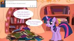 Size: 1280x720 | Tagged: safe, artist:hakunohamikage, twilight sparkle, twilight sparkle (alicorn), oc, oc:nyx, alicorn, pony, ask, ask-princesssparkle, book, golden oaks library, tumblr