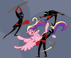 Size: 1013x826 | Tagged: safe, artist:egophiliac, princess cadance, human, action pose, choking, fight, magic, ninja, spread wings, staff, sword, telekinesis, weapon