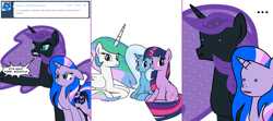 Size: 1808x800 | Tagged: safe, artist:dekomaru, princess celestia, trixie, twilight sparkle, oc, oc:midnight, oc:nyx, alicorn, pony, unicorn, ask, comic, female, lesbian, magical lesbian spawn, mare, offspring, parent:trixie, parent:twilight sparkle, parents:twixie, prone, shipping, sitting, tumblr, tumblr:ask twixie, twixie