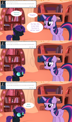 Size: 1280x2168 | Tagged: safe, artist:hakunohamikage, twilight sparkle, twilight sparkle (alicorn), oc, oc:nyx, alicorn, pony, ask, ask-princesssparkle, female, filly, golden oaks library, tumblr