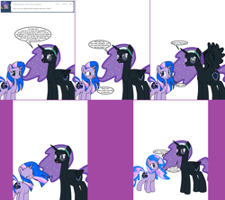 Size: 1808x1604 | Tagged: safe, artist:dekomaru, oc, oc only, oc:midnight, oc:nyx, alicorn, pony, unicorn, alternate hairstyle, ask, female, magical lesbian spawn, mare, offspring, parent:trixie, parent:twilight sparkle, parents:twixie, tumblr, tumblr:ask twixie