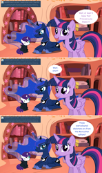 Size: 1280x2168 | Tagged: safe, artist:hakunohamikage, princess luna, twilight sparkle, twilight sparkle (alicorn), oc, oc:nyx, alicorn, pony, ask-princesssparkle, face paint, female, filly, golden oaks library, prone