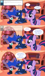 Size: 1280x2168 | Tagged: safe, artist:hakunohamikage, princess luna, twilight sparkle, twilight sparkle (alicorn), oc, oc:nyx, alicorn, pony, ask, ask-princesssparkle, face paint, female, filly, golden oaks library, magic, prone, tumblr